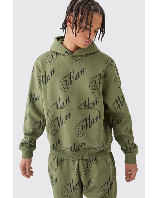 BoohooMAN Green Man Script All Over Print Boxy Hooded Short Tracksuit for men