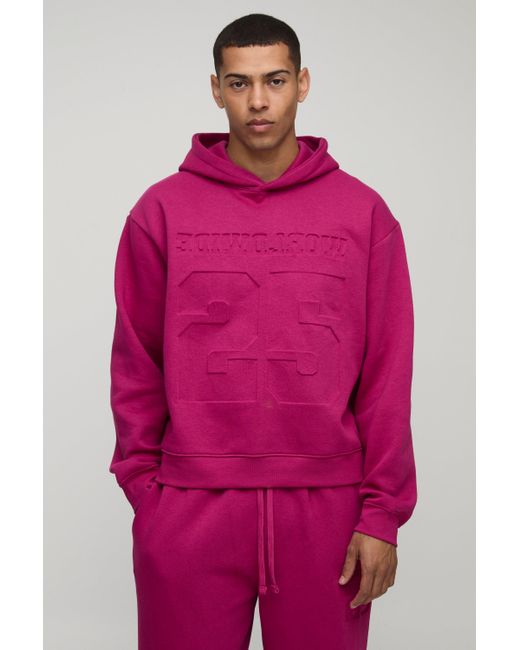 BoohooMAN Pink Oversized Boxy Varsity 25 Debossed Hooded Tracksuit for men