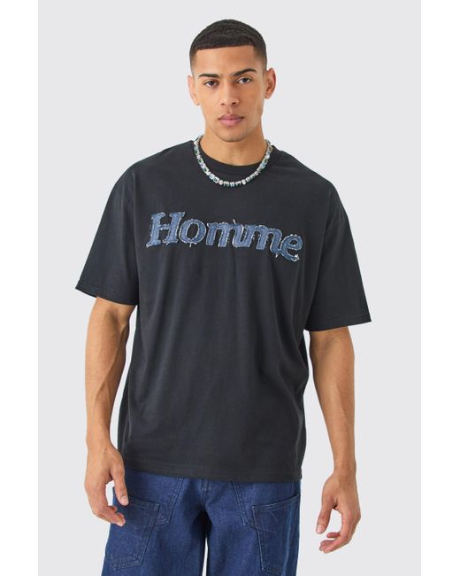 BoohooMAN Blue Oversized Denim Applique T-shirt for men