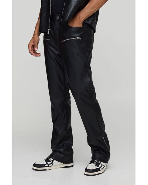 BoohooMAN Black Fixed Waist Pu Slim Multi Zipper Pants for men