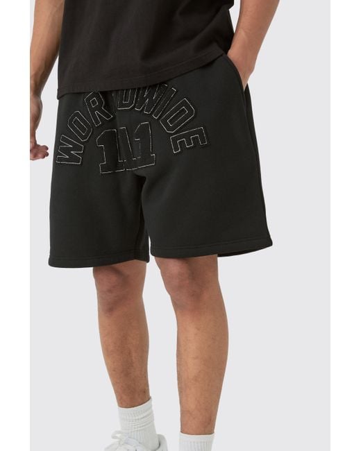 BoohooMAN Black Relaxed Mid Length Waffle Applique Shorts for men