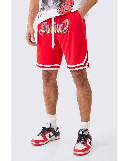 BoohooMAN Red Loose Fit Limited Applique Mesh Basketball Short for men
