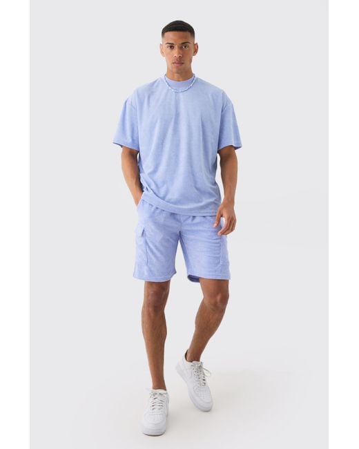 BoohooMAN Blue Oversized Extended Neck Towelling T-shirt & Cargo Shorts Set for men