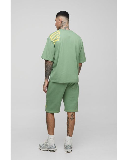 BoohooMAN Green Tall Oversized Worldwide Over Seam Print T-Shirt & Short Set for men