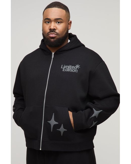 BoohooMAN Black Plus Oversized Boxy Worldwide Puff Print Zip Through Hoodie for men