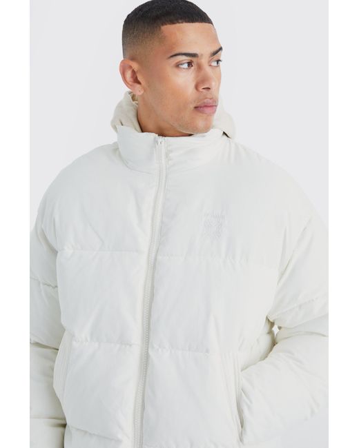 BoohooMAN White Oversized Peached Nylon Embroidered Puffer for men