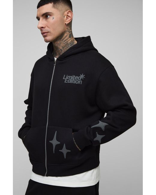 BoohooMAN Black Tall Oversized Boxy Worldwide Puff Print Zip Through Hoodie for men