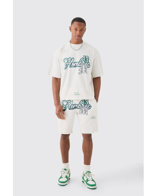 Oversized Boxy Homme Print T-Shirt And Short Set Boohoo de color Natural