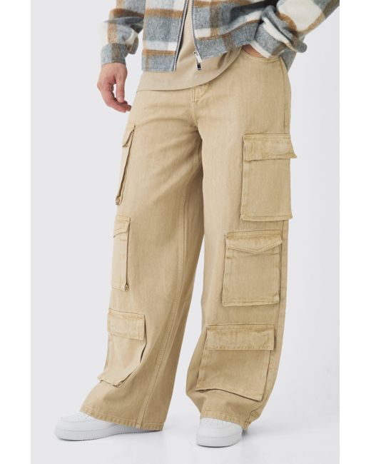 BoohooMAN Natural Tall Baggy Fit Washed Multi Pocket Cargo Jeans for men