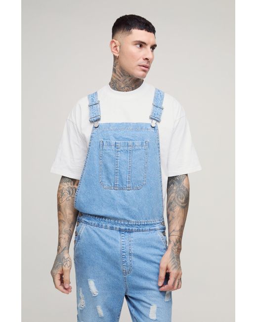 BoohooMAN Tall zerrissene Latzhose mit geradem Bein in Blue für Herren