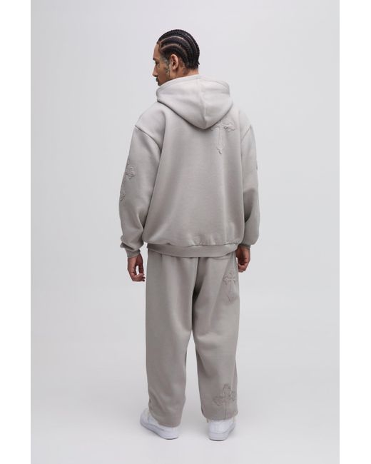 BoohooMAN Gray Oversized Worldwide Cross Applique Hooded Tracksuit for men