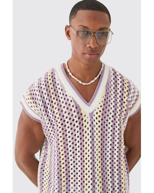 BoohooMAN White Boxy Oversized Open Stitch V Neck Strip Sweater Vest for men