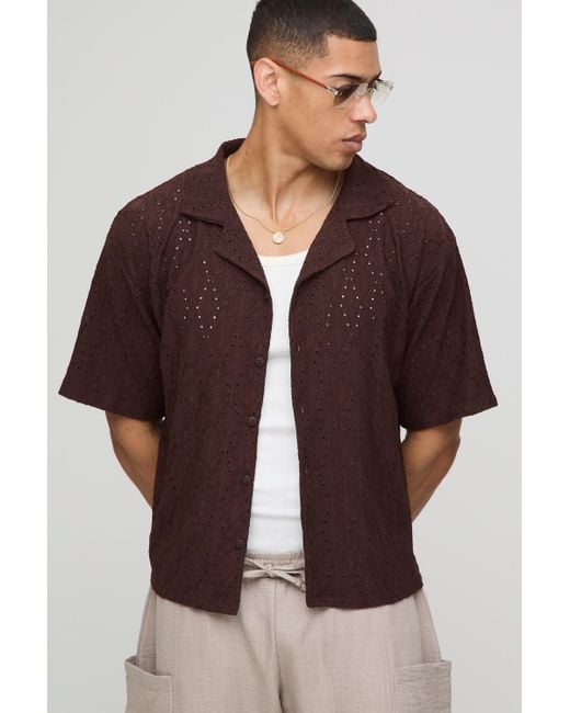 BoohooMAN Brown Oversized Boxy Revere Geometric Broderie Shirt for men