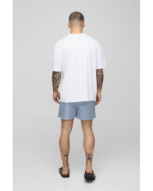 BoohooMAN Blue Zig Zag Print Short Length Swim Trunks for men
