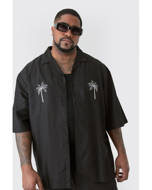 Plus Linen Embroidered Drop Revere Shirt In Black Boohoo