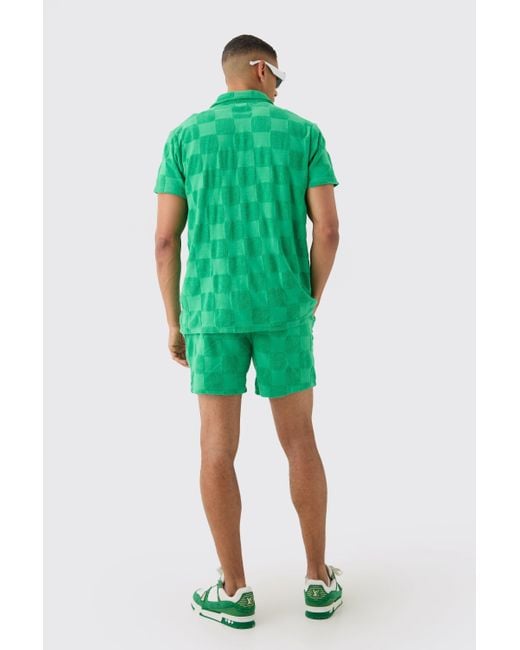 Towelling Checkerboard Shirt & Short Set Boohoo de color Green