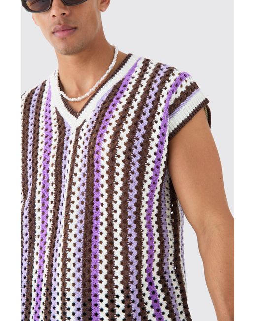 BoohooMAN White Boxy Oversized Open Stitch V Neck Stripe Sweater Vest for men