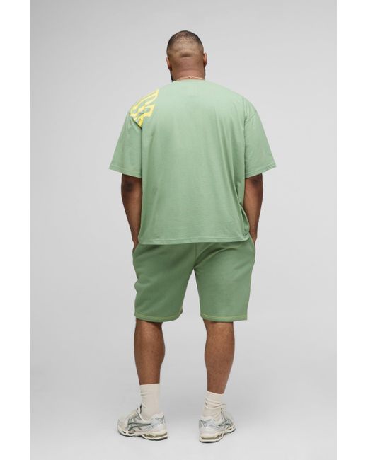 BoohooMAN Green Plus Oversized Worldwide Over Seam Print T-Shirt & Short Set for men
