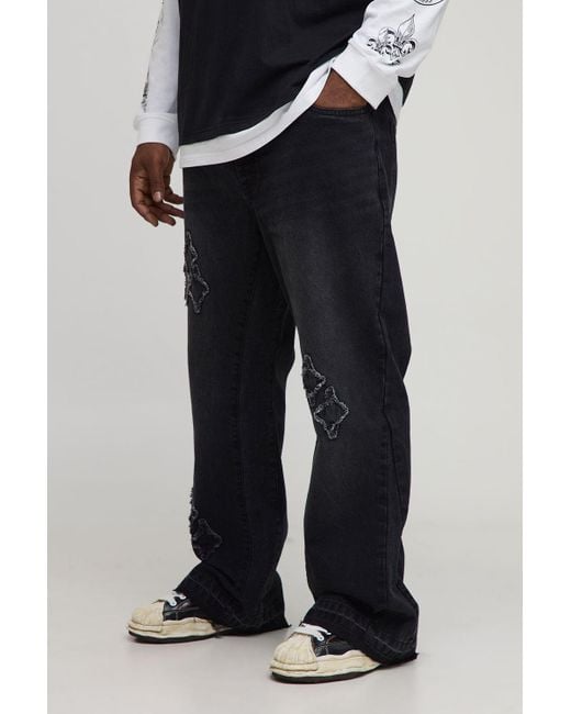 BoohooMAN Men's Black Plus Slim Flare Applique Gusset Panel Jeans