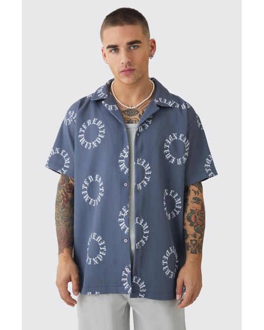 BoohooMAN Blue Oversized Monogram Printed Pleated Shirt for men