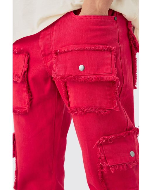 Slim Rigid Flare Distressed Pocket Jeans In Red Boohoo