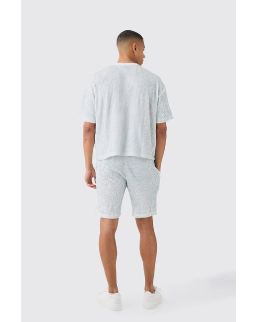BoohooMAN White Two Tone Boxy Ripple Pleated T-shirt And Short for men