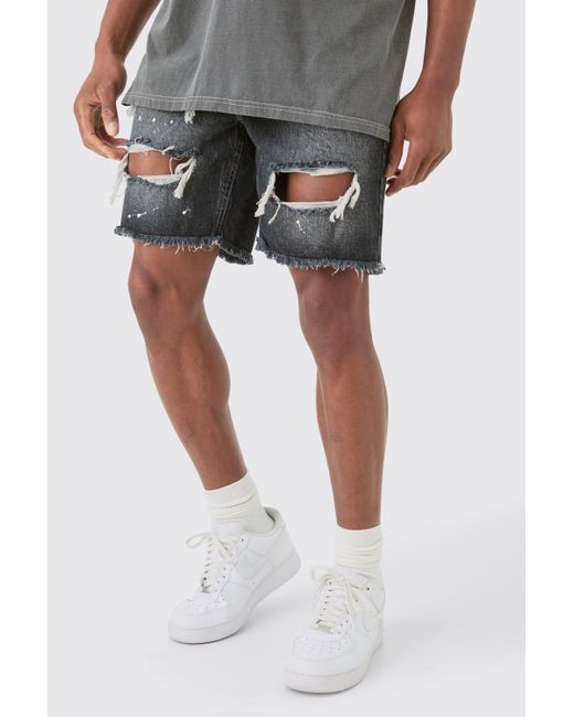 Boohoo Black Slim Rigid Ripped Paint Splatter Denim Shorts In Grey