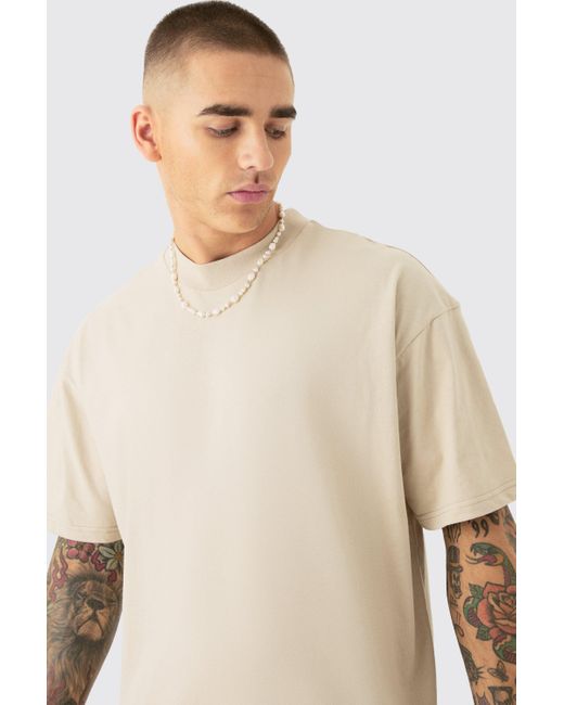 BoohooMAN Natural Oversized Extended Neck Heavyweight Slogan T-shirt for men