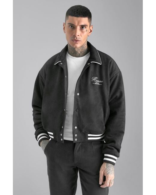 BoohooMAN Boxy Suede Collared Varsity Jacket in Grey for Men Lyst UK