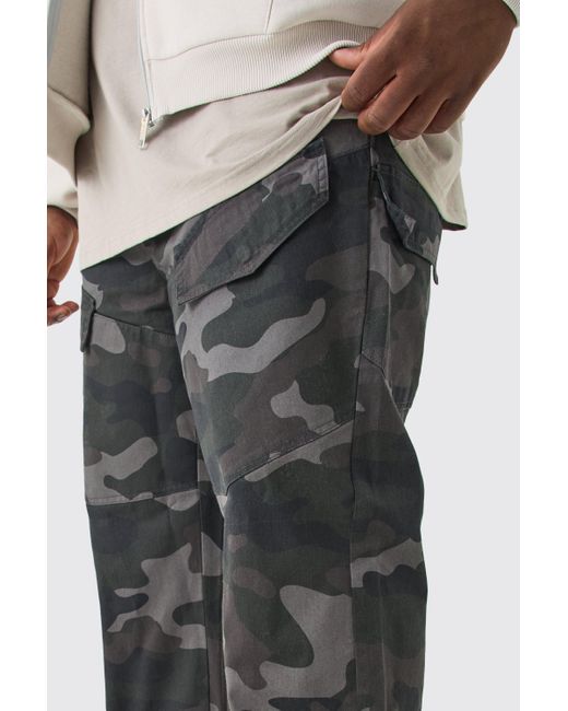 BoohooMAN Gray Plus Fixed Waist Relaxed Asymetric Camo Cargo Twill Trouser for men
