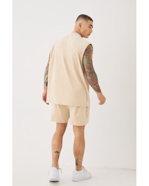 BoohooMAN Natural Man Velour Oversized Tank & Pintuck Shorts Set for men