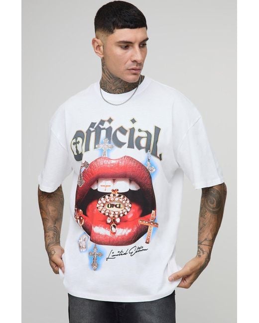BoohooMAN White Tall Official Lips Print Oversized T-Shirt for men