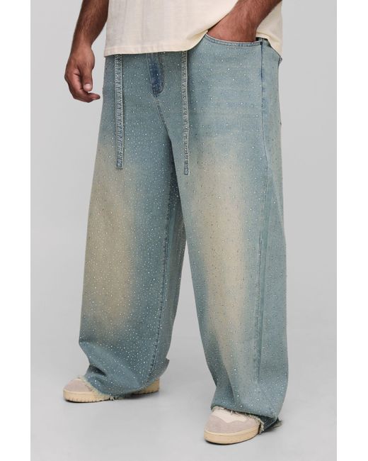 BoohooMAN Men's Blue Plus Belted All Over Rhinestone Baggy Fit Jeans - Main Image