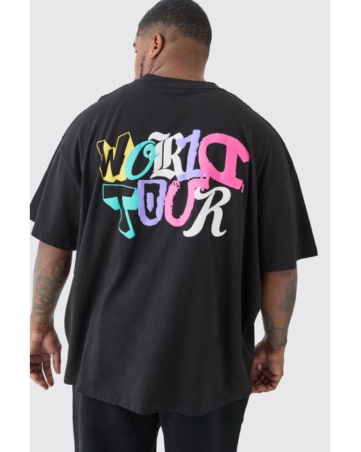 Boohoo Gray Plus Oversized World Tour Puff Back Print T-shirt In Black