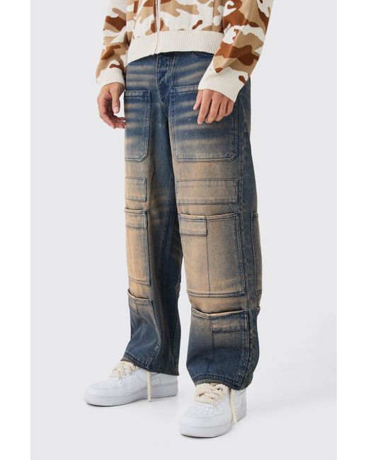 BoohooMAN Blue Baggy Rigid Overdyed Multi Pocket Cargo Jeans for men