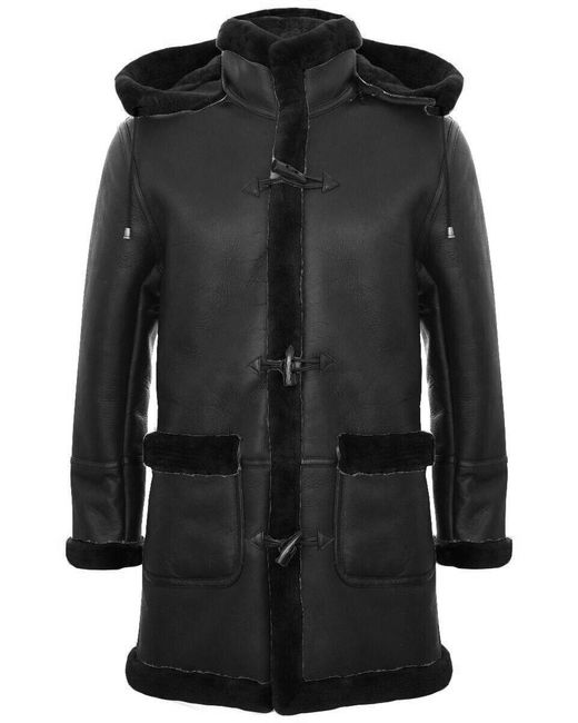 BoohooMAN Black Infinity Leather Winter Sheepskin Hooded Duffle Coat-helsinki for men