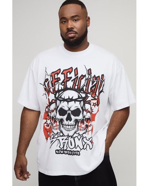 BoohooMAN White Plus Oversized Extended Neck Graffiti Bronx Skulls Print T-Shirt for men