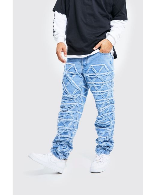 BoohooMAN Relaxed Fit Diamond Distressed Jeans in Blue for Men | Lyst