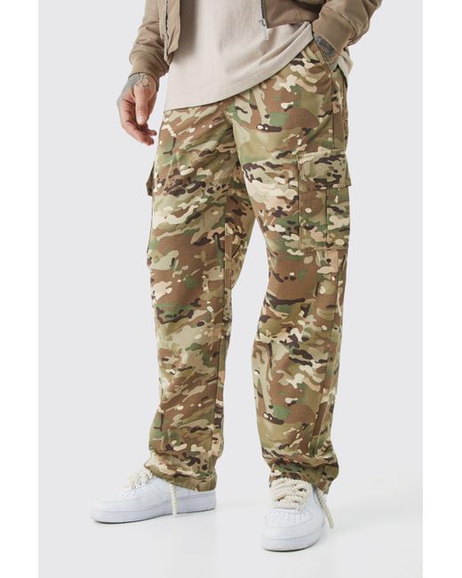 BoohooMAN Natural Tall Fixed Waist Relaxed Twill Camo Cargo Trouser for men