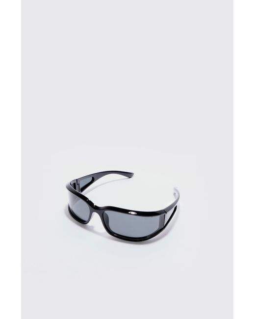 BoohooMAN Wrap Around Rectangle Sunglasses In Black in White für Herren