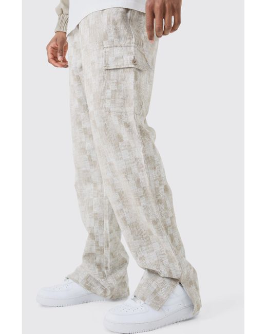 BoohooMAN White Tall Elasticated Waist Split Hem Texture Cargo Trouser for men