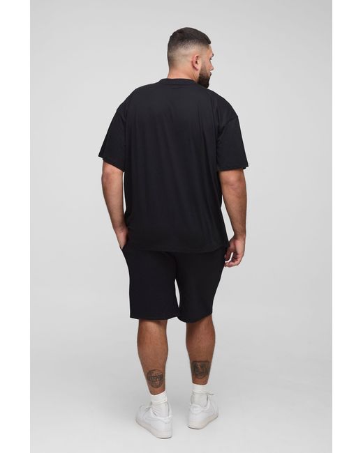 BoohooMAN Black Plus Oversized Extended Neck Miami Palm Print T-Shirt & Slim Short Set for men