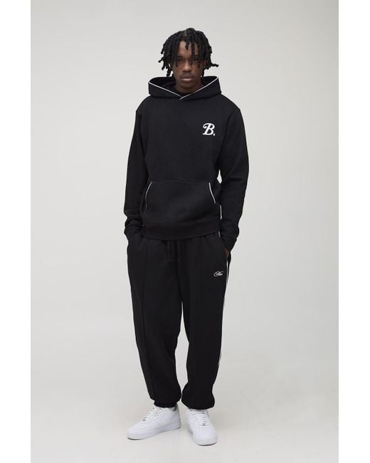 BoohooMAN Blue Tall Regular B Embroidered Piped Hoodie & Oversized Jogger Tracksuit for men