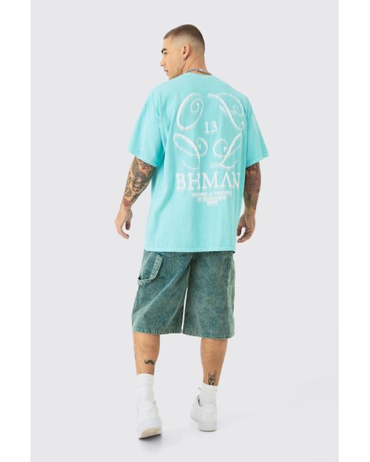 BoohooMAN Blue Oversized Washed Bhman Print T-shirt for men
