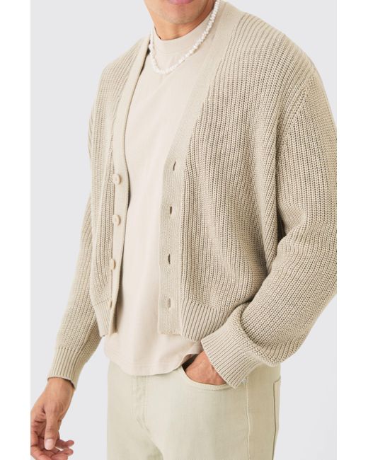 BoohooMAN Boxy Fit Ribbed Fisherman Knit Cardigan in Natural für Herren