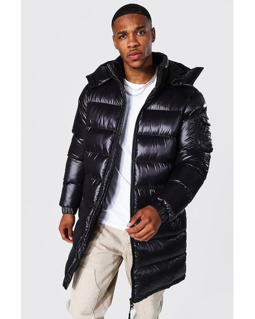 high shine hooded puffer jacket boohooman