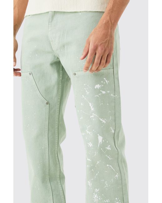 BoohooMAN Green Relaxed Rigid Carpenter Paint Splatter Overdyed Jeans for men