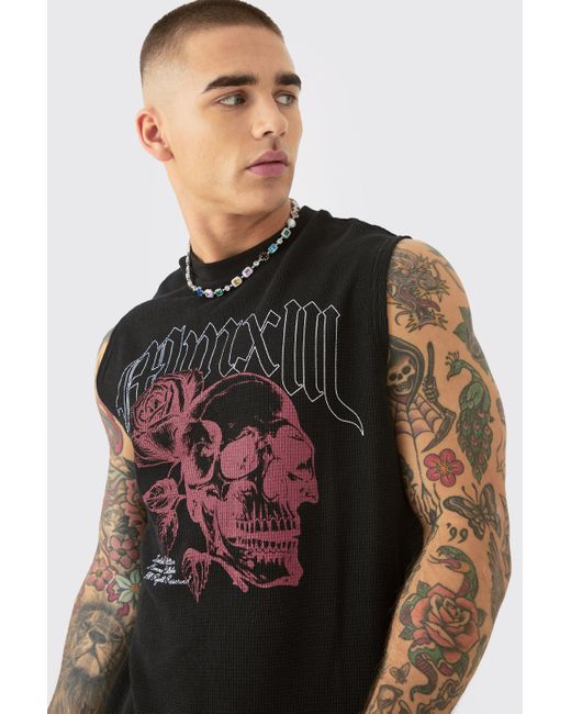 BoohooMAN Brown Gothic Renaissance Skull And Rose Waffle Printed Tank for men