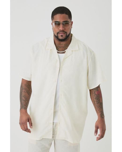 BoohooMAN White Plus Linen Oversized Revere Shirt In Ecru for men