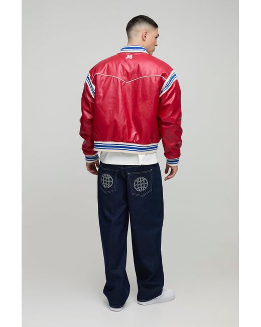 BoohooMAN Kastige Bomberjacke mit PU-Applikation in Red für Herren